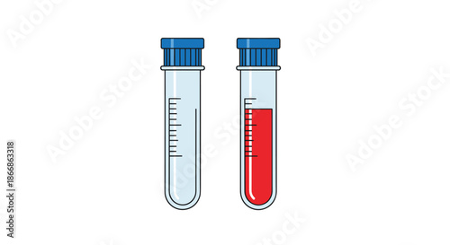 An illustration of two medical test tubes, one empty and one filled with a red blood sample, isolated on white.