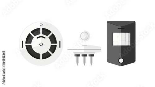 Home Security Device Components Motion Sensor Smoke Detector and Controller Unit