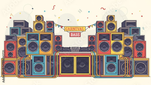 A vibrant illustration of a colorful sound system with speakers and a banner that reads Carnival Bass