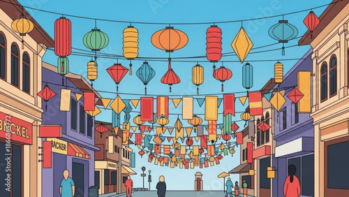A vibrant illustration of a street decorated with colorful lanterns and flags