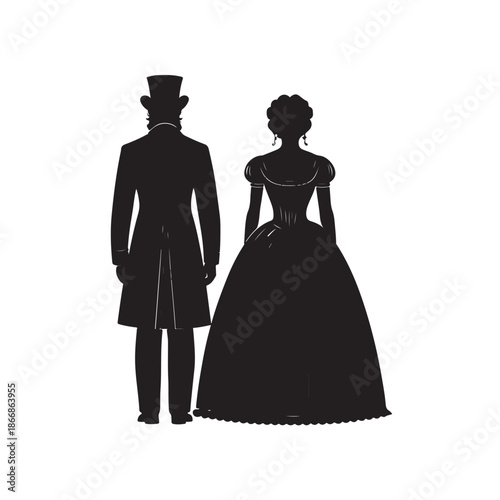 Victorian Couple silhouette vector black color white?background (3).eps