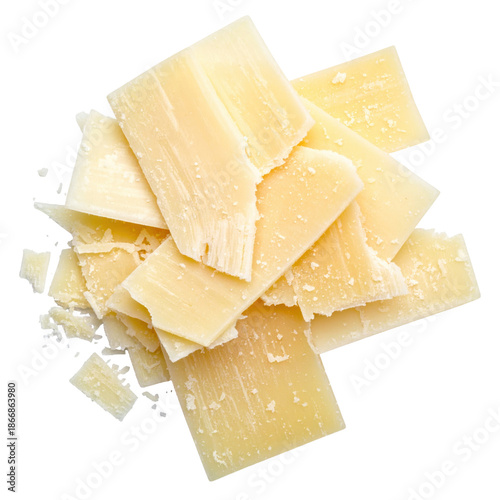 Thin shavings of authentic italian parmigiano-reggiano cheese, professionally isolated on a pure white background