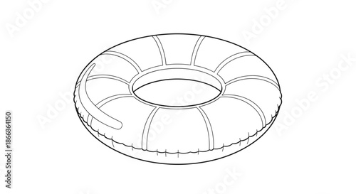 Black and white outline drawing of an inflatable swim ring or inner tube with a handle for summer swimming pool or beach fun.