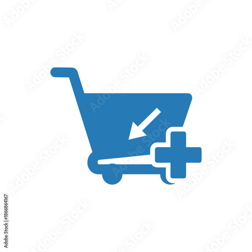 Blue shopping cart icon with a plus sign indicating adding an item to the cart for e-commerce and retail