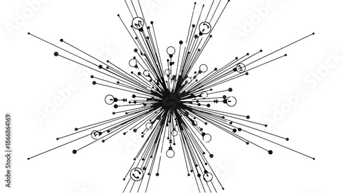 Abstract explosion of lines and dots radiating from a central point, symbolizing data or connections.