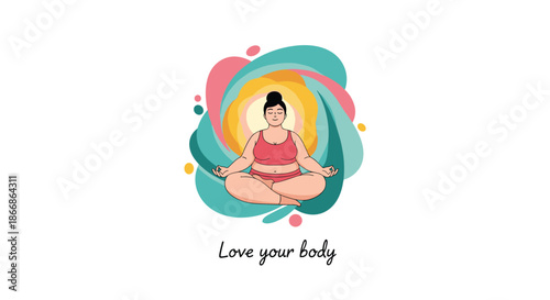 Plus-size woman meditating in a lotus yoga pose with the text Love your body, promoting body positivity and self-acceptance.