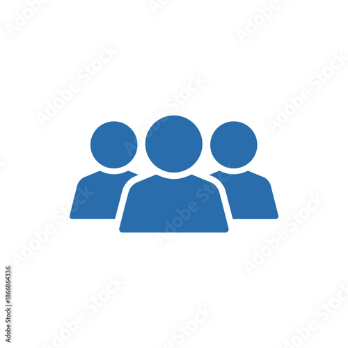 Minimalist blue icon illustrating a group of three abstract individuals, symbolizing team collaboration, social network users, or a community in digital design and user interface applications