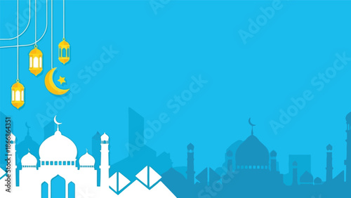 Ramadan vector background with mosque silhouette, lanterns, crescent moon, and blue sky