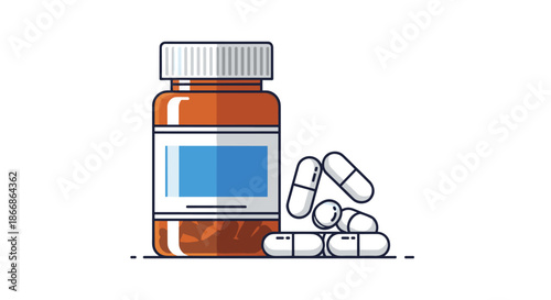 Vector illustration of a brown prescription medicine bottle with a blank label and a pile of pills and capsules for medical treatment.