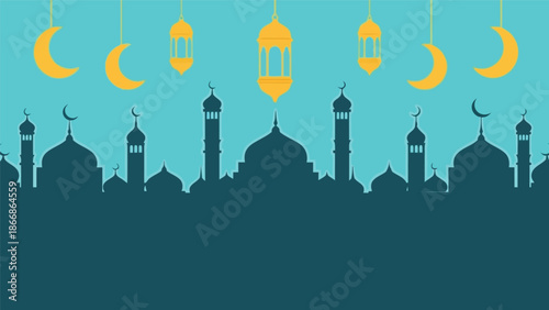 Ramadan vector illustration with mosque silhouette, crescent moons, and hanging lanterns