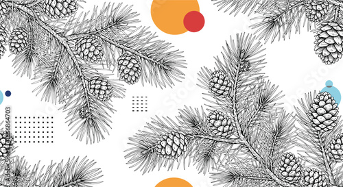 Seamless pattern with hand-drawn pine branches and cones in a vintage engraving style, mixed with modern geometric elements design.