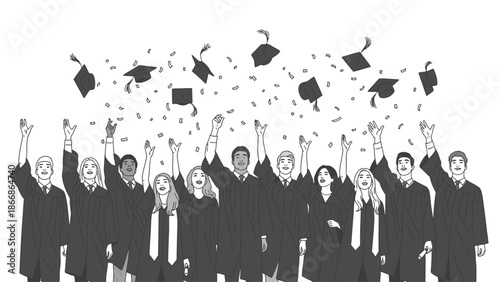 A group of graduates in black robes throwing their caps in the air with joy on a white background, celebrating Happy Graduation.