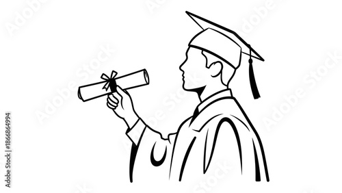 A young graduate in a cap and gown holds a rolled-up diploma with a ribbon, conveying a happy graduation moment in a simple line drawing style against a clean white background.