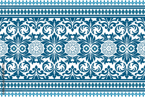 Elegant blue and white ornamental seamless border pattern vector design, featuring traditional swirls and decorative motifs, perfect for classic textile hems, decorative trim, and vintage.