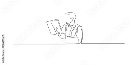Hand drawn continuous line illustration of a doctor examining an X-ray image. Minimalist single line style representing medical diagnosis, healthcare, and professional clinical analysis.