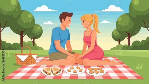 Couple having a romantic picnic in a park on a sunny day.