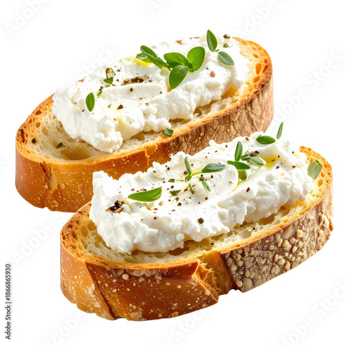 Elegant ricotta crostini appetizer with a honey drizzle, professionally isolated on a pure white background