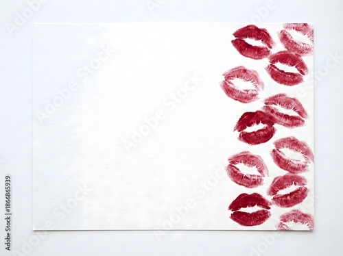 Red Lipstick Kiss Marks on White Paper with Copy Space
