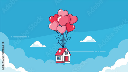 Whimsical house lifted by heart-shaped balloons in the sky.