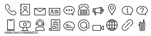 Minimal contact icons set, communication symbols collection, phone email chat location support interface, black vector icons on white background vector illustration.