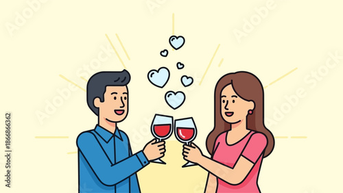 Couple toasting with wine glasses and hearts in the air.