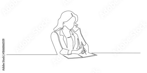 Hand drawn continuous line illustration of a businesswoman focused on a phone call while writing notes.single line style representing multitasking, communication, and professional work life.