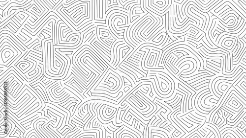 Monochromatic abstract pattern with intricate line designs on a white background