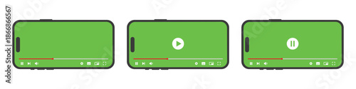 Video player on smartphone screen template icon. Multimedia player template icon. Green screen vector illustration.