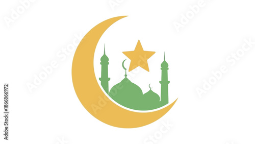 Flat lay illustration of a mosque icon with crescent moon and star on white background