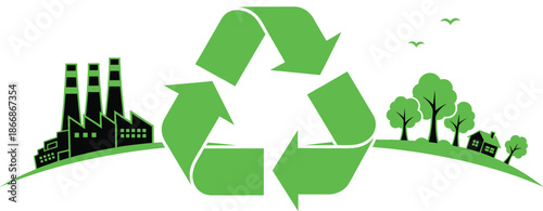 Green recycling symbol vector illustration representing environmental conservation sustainability and the transition from industrial factory pollution to clean eco friendly nature landscape