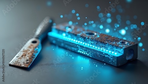 A shiny new tool slowly rusting next to a digital interface projection, symbolizing rapid skill obsolescence