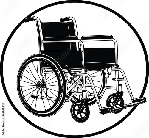 Manual wheelchair vector illustration in a circular frame for medical accessibility, disability rights, healthcare mobility equipment, and hospital patient transport services design.
