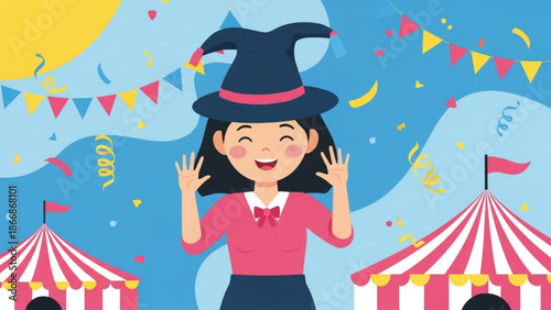 A colorful cartoon illustration of a happy woman wearing a witch hat at a festive carnival with tents and confetti