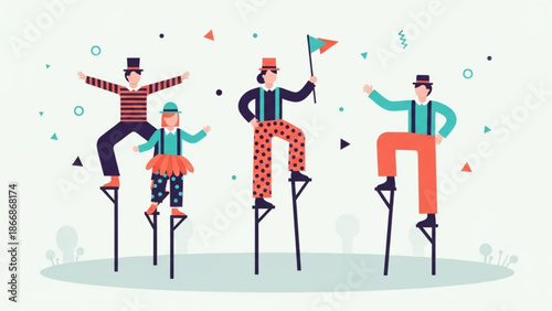 A colorful illustration of four people balancing on stilts in a playful and lively scene