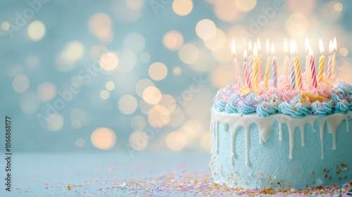 A beautifully decorated birthday cake with lit candles and soft bokeh lights in the background