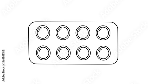 Detailed illustration of a blister pack with eight circular compartments in a rectangular shape with medicine and pharmacy and medical and health and vector and pill