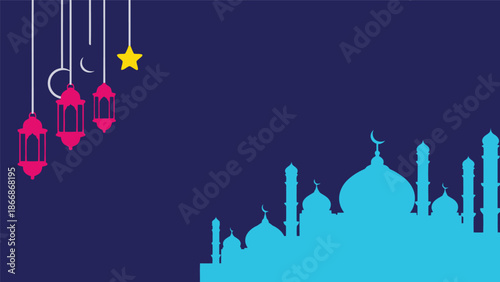 Ramadan vector illustration with mosque silhouette, lanterns, crescent moon and star