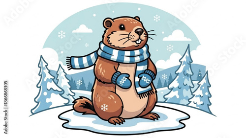A cartoon beaver wearing a scarf and mittens stands on a snowy patch in a winter landscape