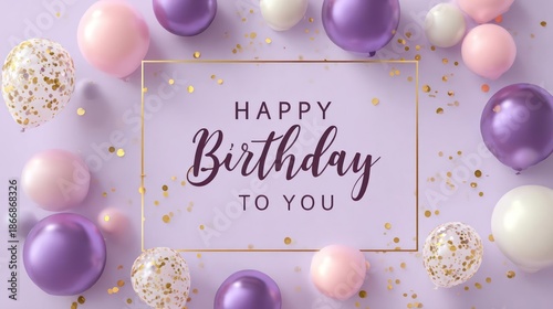 Elegant happy birthday to you message surrounded by pastel balloons and golden confetti on a soft purple background