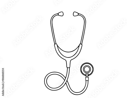 A detailed line drawing of a stethoscope on a clean white background for medical or healthcare concepts with doctor and medicine and wellness and medical equipment