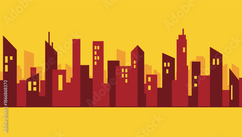 Vibrant City Skyline Silhouette Against Bright Yellow Background.