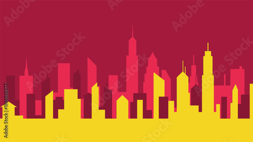 Vibrant City Skyline Silhouette Against Red and Yellow Background.