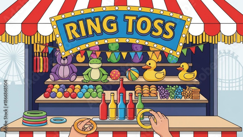 A colorful illustration of a ring toss game booth at a carnival with a variety of prizes and treats on display