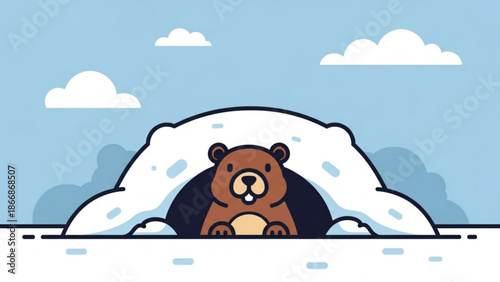 A cartoon brown bear peeking out from behind a snowy ice cave on a sunny winter day with fluffy white clouds