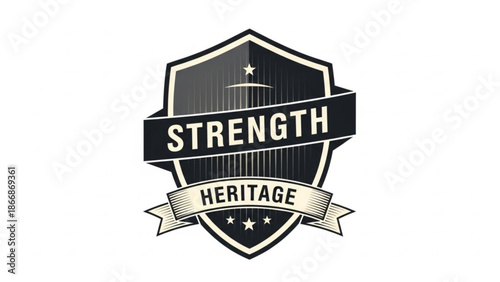 A black and white vector graphic shield icon with the words 'STRENGTH' and 'HERITAGE' representing power and tradition.
