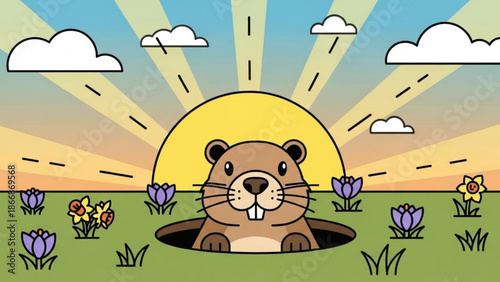 A cartoon groundhog emerges from a hole in the ground on a sunny day with flowers and clouds