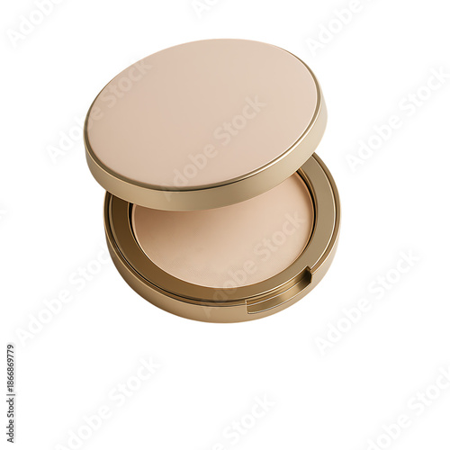 A gold compact powder case with a lid open on a transparent background