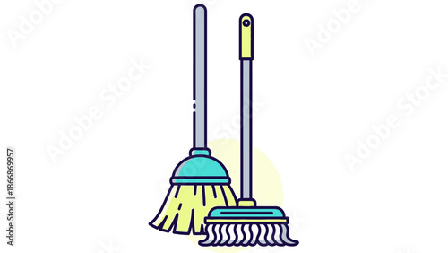 Broom and Mop - Cleaning Tools Icon, Flat Design