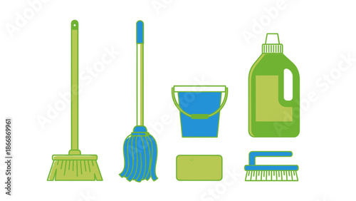 Cleaning Supplies Set: Broom, Mop, Bucket, Detergent, Brush, Sponge