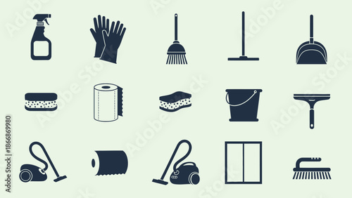 Cleaning Supplies Icons Set: Sprayer, Gloves, Broom, Mop, Dustpan, Sponge, Paper Towels, Bucket